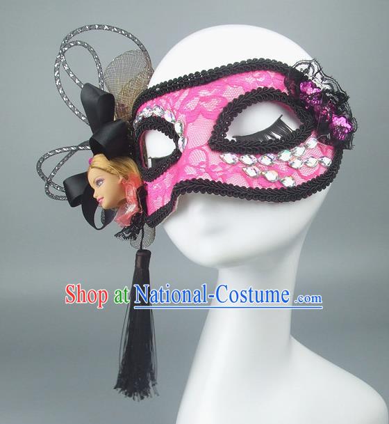 Handmade Halloween Fancy Ball Accessories Crystal Mask, Ceremonial Occasions Miami Model Show Pink Lace Face Mask