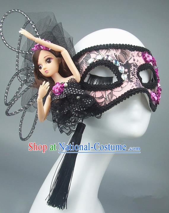 Handmade Halloween Fancy Ball Accessories Mask, Ceremonial Occasions Miami Model Show Pink Lace Face Mask