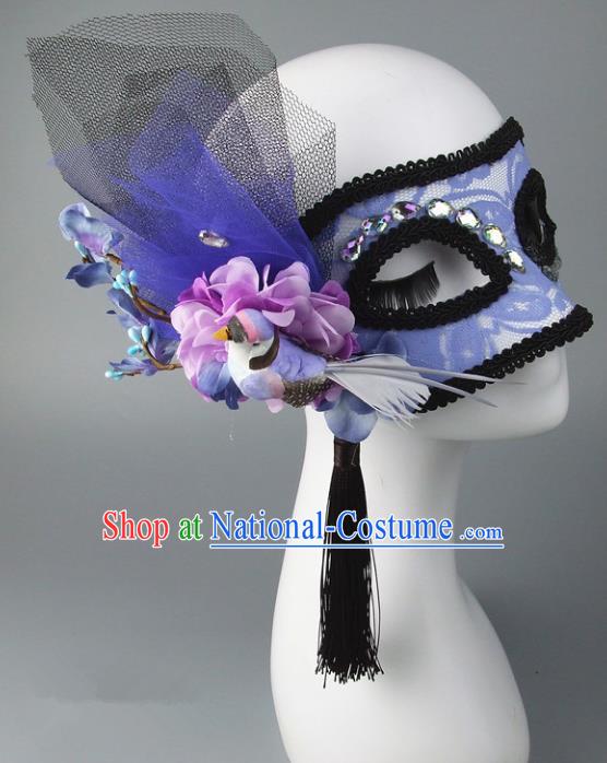 Handmade Halloween Fancy Ball Accessories Cat Blue Lace Mask, Ceremonial Occasions Miami Model Show Face Mask