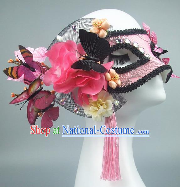 Handmade Halloween Fancy Ball Accessories Pink Lace Butterfly Mask, Ceremonial Occasions Miami Model Show Face Mask