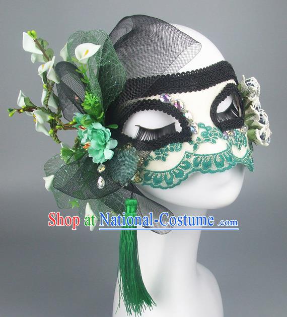 Handmade Halloween Fancy Ball Accessories Green Flowers Mask, Ceremonial Occasions Miami Model Show Lace Face Mask