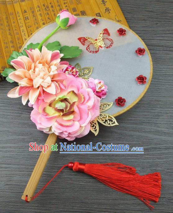 Traditional Handmade Chinese Ancient Wedding Pink Flowers Butterfly Round Fans, Hanfu Palace Lady Bride Xiuhe Suit Mandarin Fans for Women