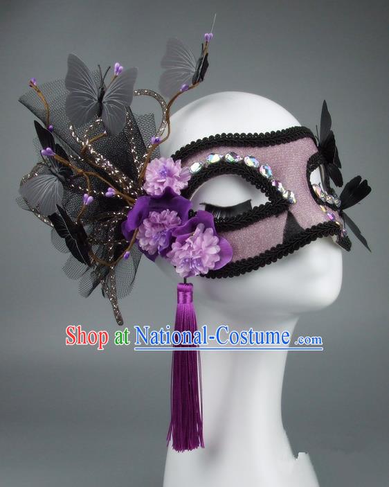 Handmade Halloween Fancy Ball Accessories Veil Butterfly Purple Flower Mask, Ceremonial Occasions Miami Model Show Face Mask