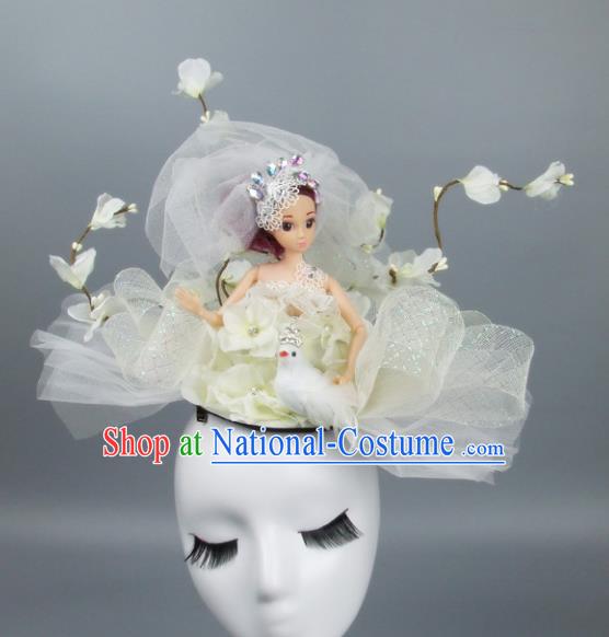 Handmade Halloween Fancy Ball Hair Accessories White Veil Headwear, Ceremonial Occasions Miami Model Show Headdress