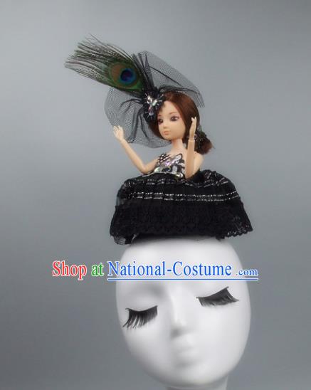 Handmade Halloween Fancy Ball Hair Accessories Black Veil Doll Headwear, Ceremonial Occasions Miami Model Show Headdress