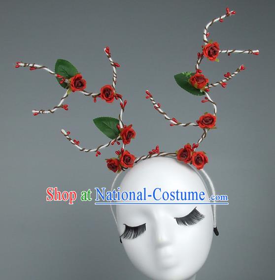 Handmade Halloween Fancy Ball Hair Accessories Red Flowers Headwear, Ceremonial Occasions Miami Model Show Headdress