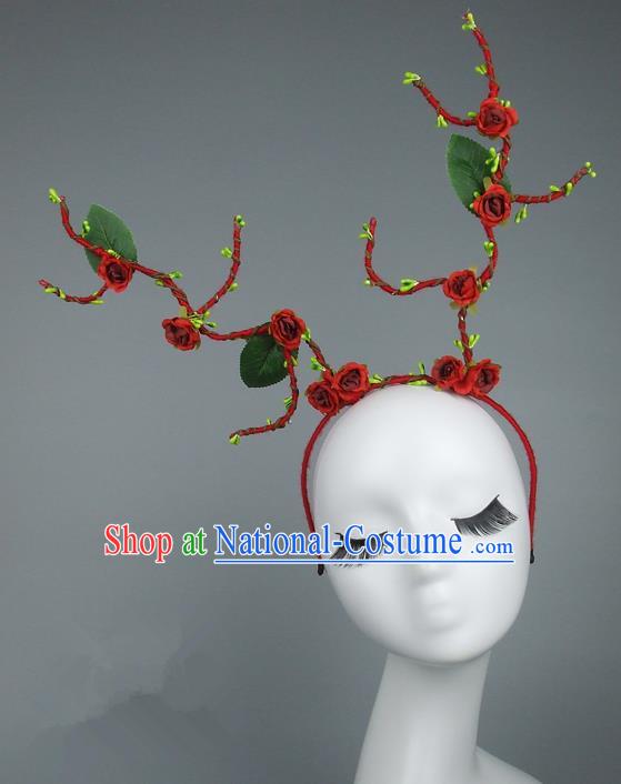 Handmade Halloween Fancy Ball Hair Accessories Red Flowers Headwear, Ceremonial Occasions Miami Model Show Headdress