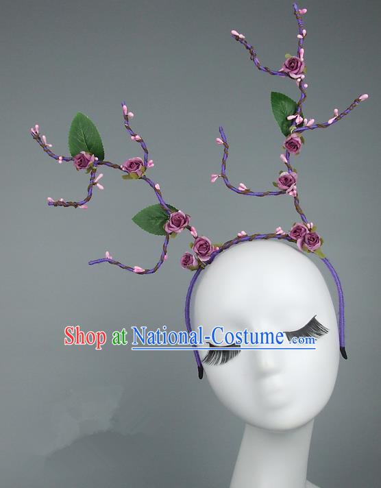 Handmade Halloween Fancy Ball Hair Accessories Purple Branch Flowers Headwear, Ceremonial Occasions Miami Model Show Headdress