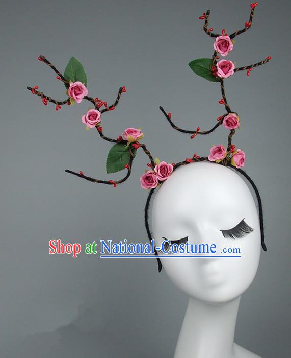 Handmade Halloween Fancy Ball Hair Accessories Pink Flowers Headwear, Ceremonial Occasions Miami Model Show Headdress