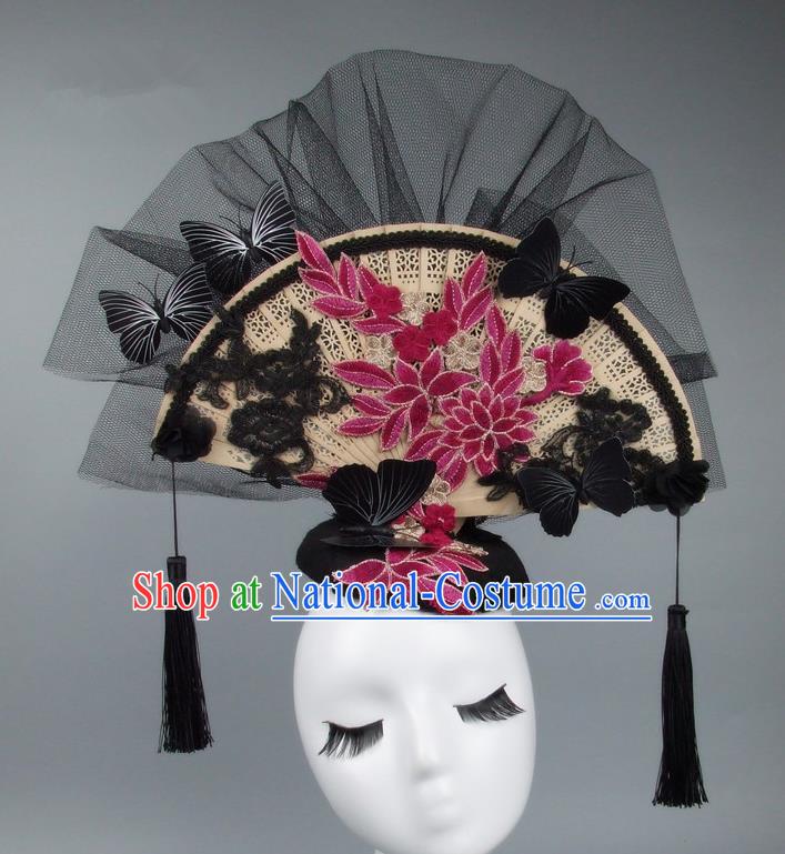 Handmade Asian Chinese Fan Hair Accessories Red Lace Butterfly Headwear, Halloween Ceremonial Occasions Miami Model Show Tassel Headdress