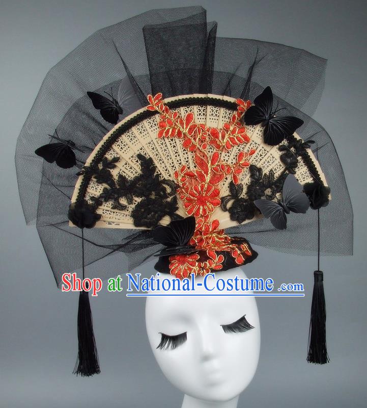 Handmade Asian Chinese Fan Hair Accessories Red Lace Flowers Butterfly Headwear, Halloween Ceremonial Occasions Miami Model Show Tassel Headdress