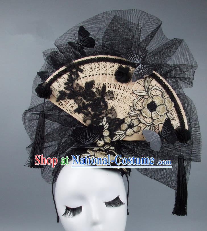 Handmade Asian Chinese Fan Hair Accessories White Lace Flowers Butterfly Headwear, Halloween Ceremonial Occasions Miami Model Show Tassel Headdress