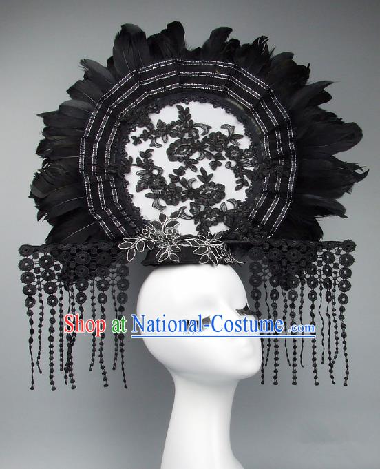 Handmade Asian Chinese Fan Hair Accessories Black Feather Lace Tassel Headwear, Halloween Ceremonial Occasions Manchu Model Show Headdress