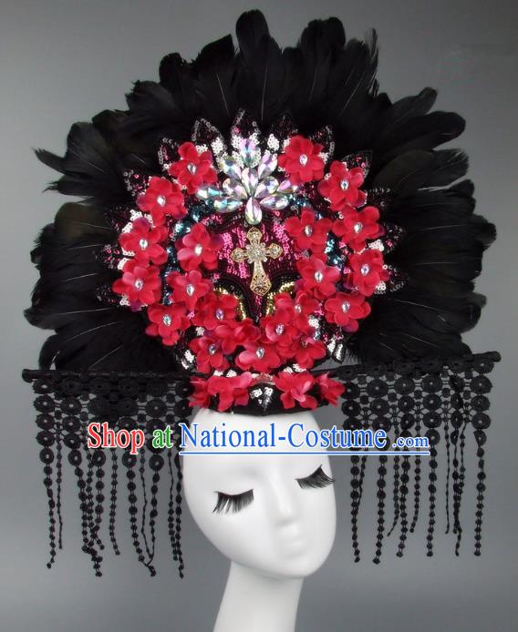 Handmade Asian Chinese Fan Hair Accessories Red Flowers Feather Lace Tassel Headwear, Halloween Ceremonial Occasions Manchu Model Show Headdress