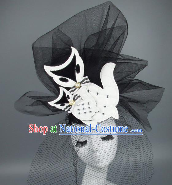 Handmade Exaggerate Fancy Ball Hair Accessories Black Veil Fox Headwear, Halloween Ceremonial Occasions Model Show Headdress