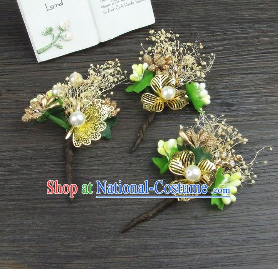 Top Grade Handmade Wedding Hair Accessories Golden Flowers Hair Stick, Baroque Style Bride Headwear for Women