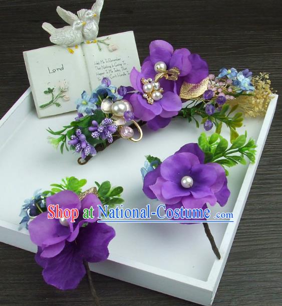 Top Grade Handmade Wedding Hair Accessories Purple Flowers Hair Stick, Baroque Style Bride Headwear for Women