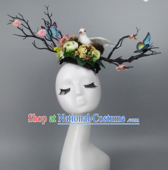 Handmade Exaggerate Fancy Ball Hair Accessories Branch Butterfly Headwear, Halloween Ceremonial Occasions Model Show Headdress