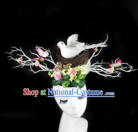 Handmade Exaggerate Fancy Ball Hair Accessories Branch Butterfly Headwear, Halloween Ceremonial Occasions Model Show Headdress