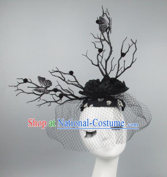 Handmade Exaggerate Fancy Ball Hair Accessories Branch Black Top Hat, Halloween Ceremonial Occasions Model Show Headdress