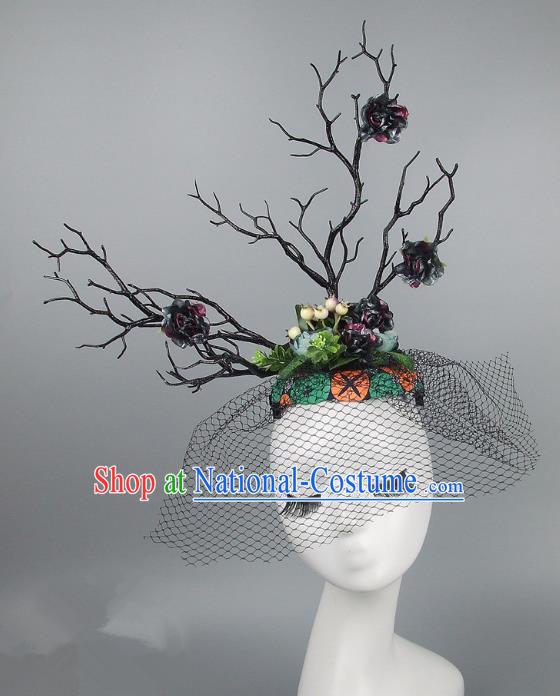 Handmade Exaggerate Fancy Ball Hair Accessories Branch Colorful Top Hat, Halloween Ceremonial Occasions Model Show Headdress