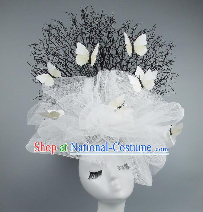 Handmade Exaggerate Fancy Ball Hair Accessories White Veil Butterfly Headwear, Halloween Ceremonial Occasions Model Show Headdress