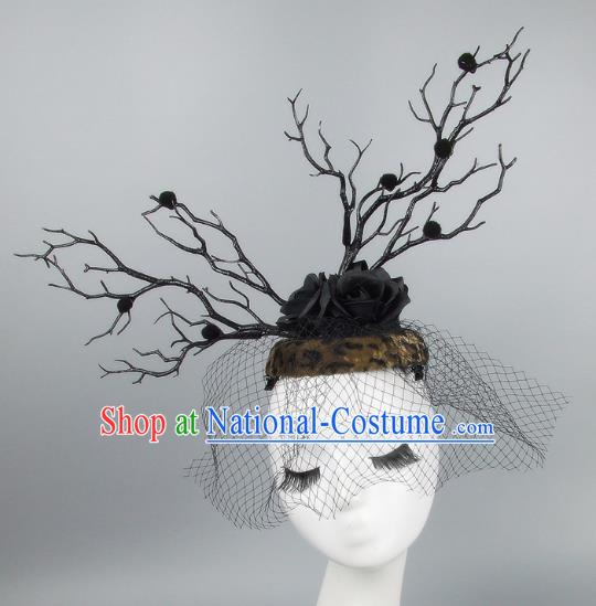 Handmade Exaggerate Fancy Ball Hair Accessories Branch Brown Top Hat, Halloween Ceremonial Occasions Model Show Headdress