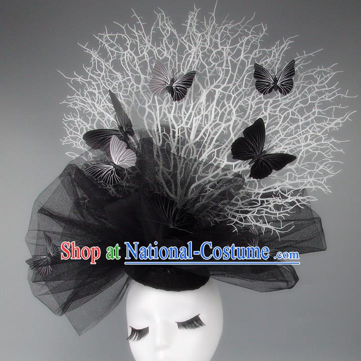 Handmade Exaggerate Fancy Ball Hair Accessories Black Veil Butterfly Headwear, Halloween Ceremonial Occasions Model Show Headdress