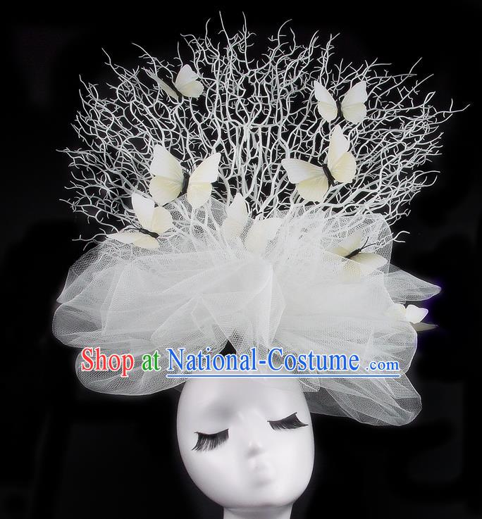 Handmade Exaggerate Fancy Ball Hair Accessories White Veil Butterfly Headwear, Halloween Ceremonial Occasions Model Show Headdress