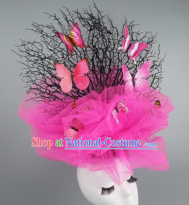 Handmade Exaggerate Fancy Ball Hair Accessories Pink Veil Butterfly Headwear, Halloween Ceremonial Occasions Model Show Headdress