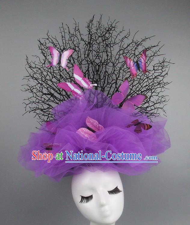 Handmade Exaggerate Fancy Ball Hair Accessories Purple Veil Butterfly Headwear, Halloween Ceremonial Occasions Model Show Headdress