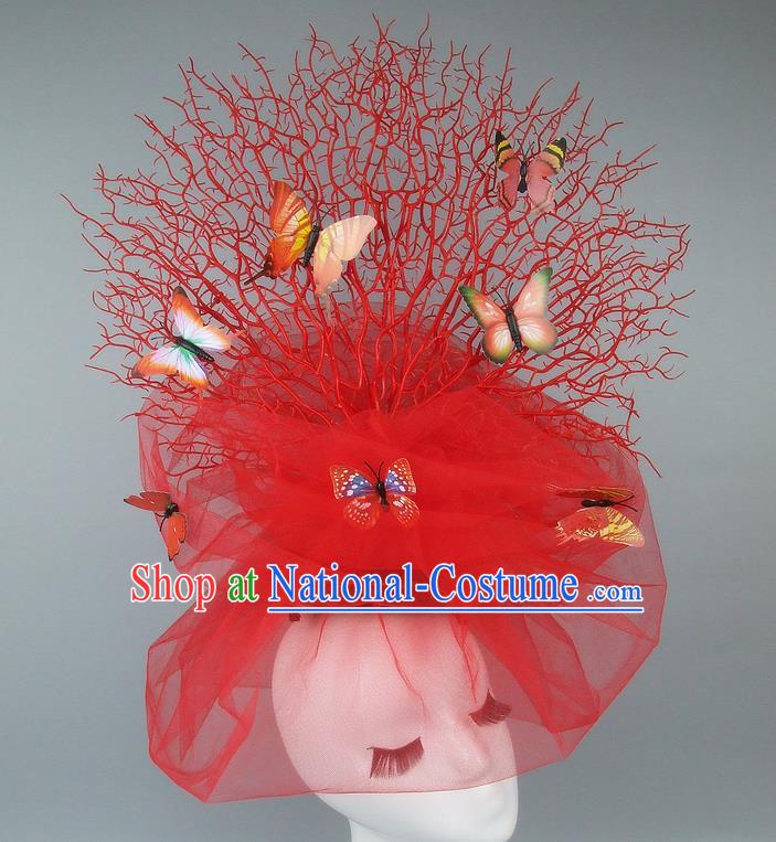 Handmade Exaggerate Fancy Ball Hair Accessories Red Veil Butterfly Headwear, Halloween Ceremonial Occasions Model Show Headdress