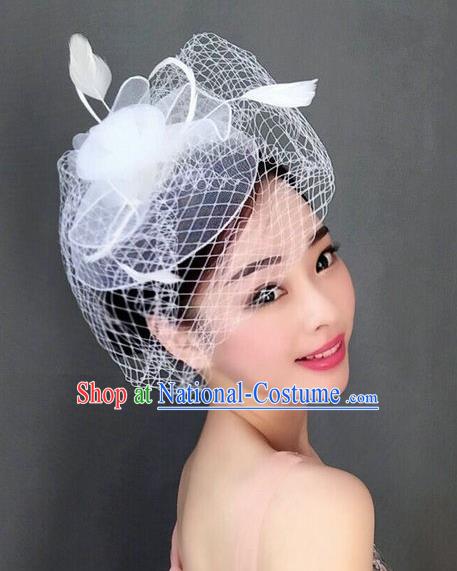 Top Grade Handmade Wedding Hair Accessories White Feather Veil Headwear, Baroque Style Bride Silk Headdress for Women