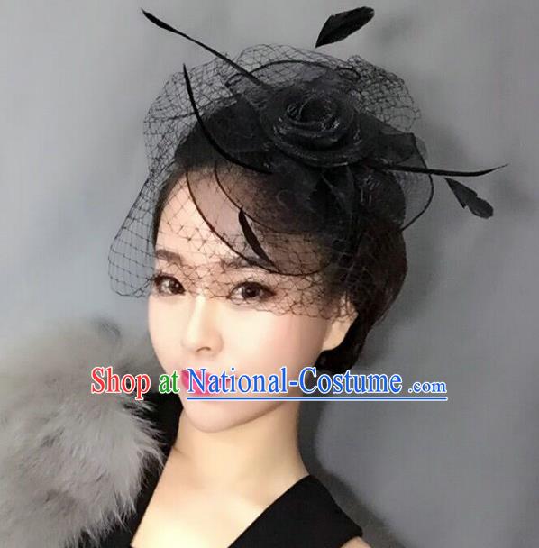 Top Grade Handmade Wedding Hair Accessories Black Feather Veil Headwear, Baroque Style Bride Silk Headdress for Women