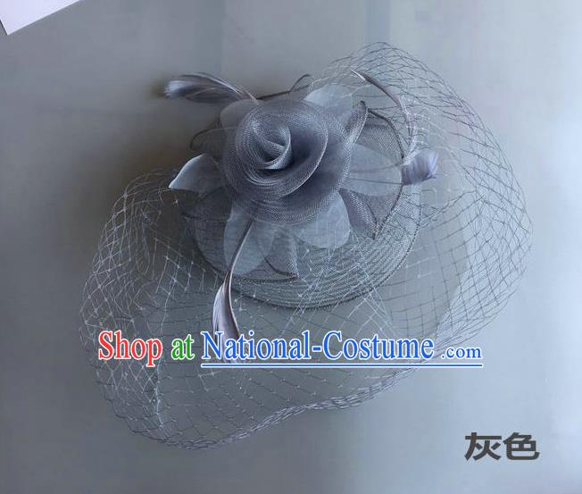 Top Grade Handmade Wedding Hair Accessories Grey Feather Veil Headwear, Baroque Style Bride Silk Headdress for Women