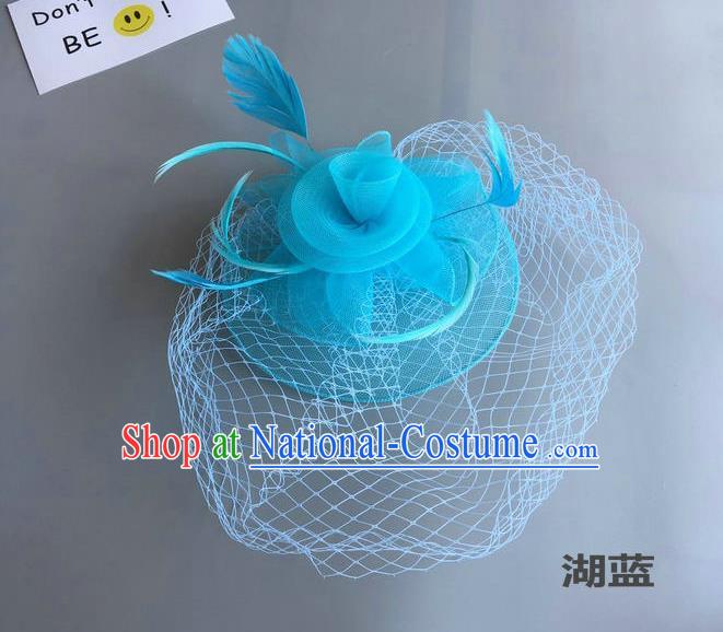 Top Grade Handmade Wedding Hair Accessories Light Blue Feather Veil Headwear, Baroque Style Bride Silk Headdress for Women