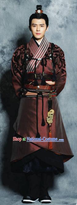 Traditional Chinese Ancient Tang Dynasties Swordsman Prince Embroidered Costume and Handmade Headpiece Complete Set