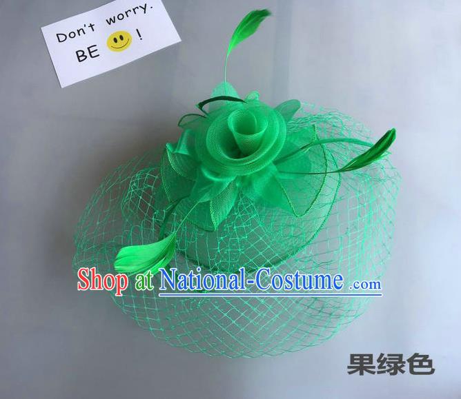 Top Grade Handmade Wedding Hair Accessories Green Feather Veil Headwear, Baroque Style Bride Silk Headdress for Women