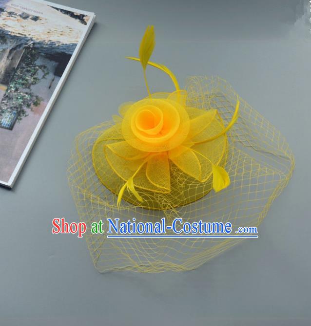 Top Grade Handmade Wedding Hair Accessories Yellow Feather Veil Headwear, Baroque Style Bride Silk Headdress for Women