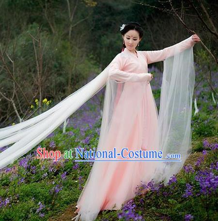 Asian Chinese Tang Dynasty Royal Princess Embroidered Costume, Ancient China Ten great III of peach blossom Palace Lady Fairy Embroidery Pink Dress Clothing