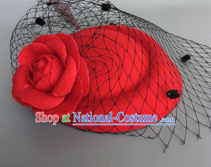 Handmade Wedding Vintage Hair Accessories Red Wool Flower Top Hat, Bride Ceremonial Occasions Model Show Headdress