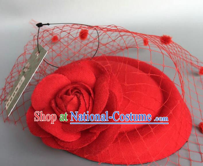 Handmade Wedding Vintage Hair Accessories Red Flower Veil Wool Top Hat, Bride Ceremonial Occasions Model Show Headdress