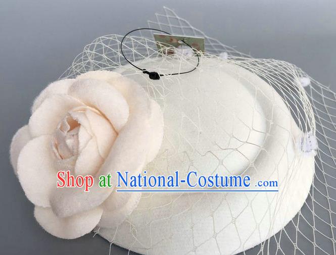 Handmade Wedding Vintage Hair Accessories White Wool Flower Top Hat, Bride Ceremonial Occasions Model Show Headdress