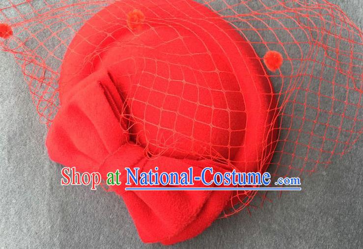 Handmade Wedding Vintage Hair Accessories Red Veil Wool Bowknot Top Hat, Bride Ceremonial Occasions Model Show Headdress