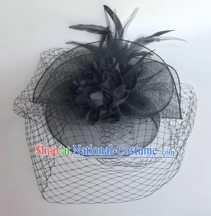 Handmade Vintage Hair Accessories Black Veil Feather Headwear, Halloween Ceremonial Occasions Model Show Headdress