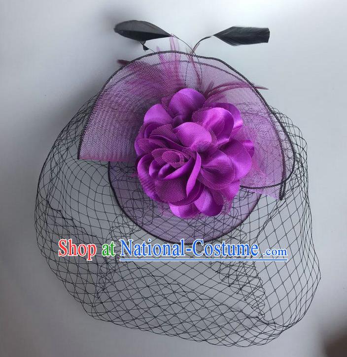 Handmade Vintage Hair Accessories Purple Veil Feather Headwear, Halloween Ceremonial Occasions Model Show Headdress