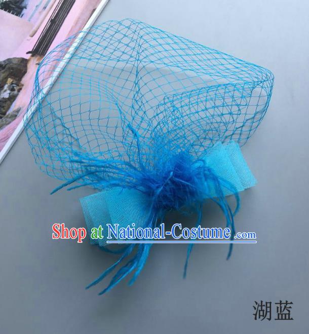 Handmade Vintage Hair Accessories Veil Blue Bowknot Headwear, Bride Ceremonial Occasions Model Show Headdress