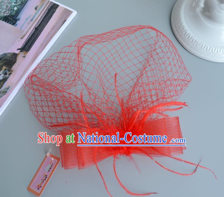 Handmade Vintage Hair Accessories Veil Red Bowknot Headwear, Bride Ceremonial Occasions Model Show Headdress