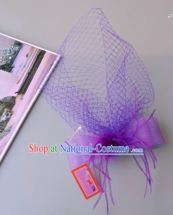 Handmade Vintage Hair Accessories Veil Purple Bowknot Headwear, Bride Ceremonial Occasions Model Show Headdress