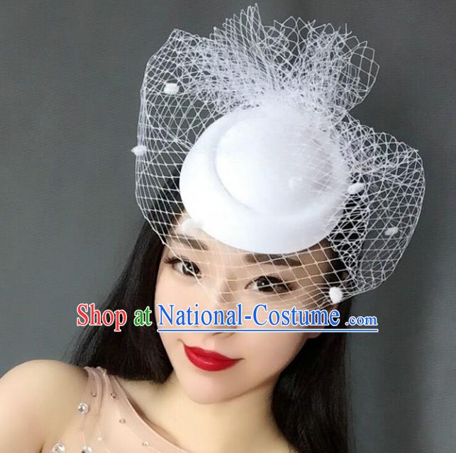 Handmade Vintage Hair Accessories Veil White Top Hat Headwear, Bride Ceremonial Occasions Model Show Headdress